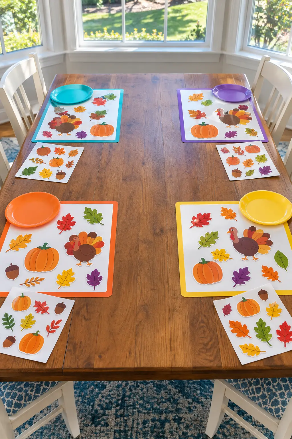 Thanksgiving kids placemats with large reusable leaf and turkey stickers