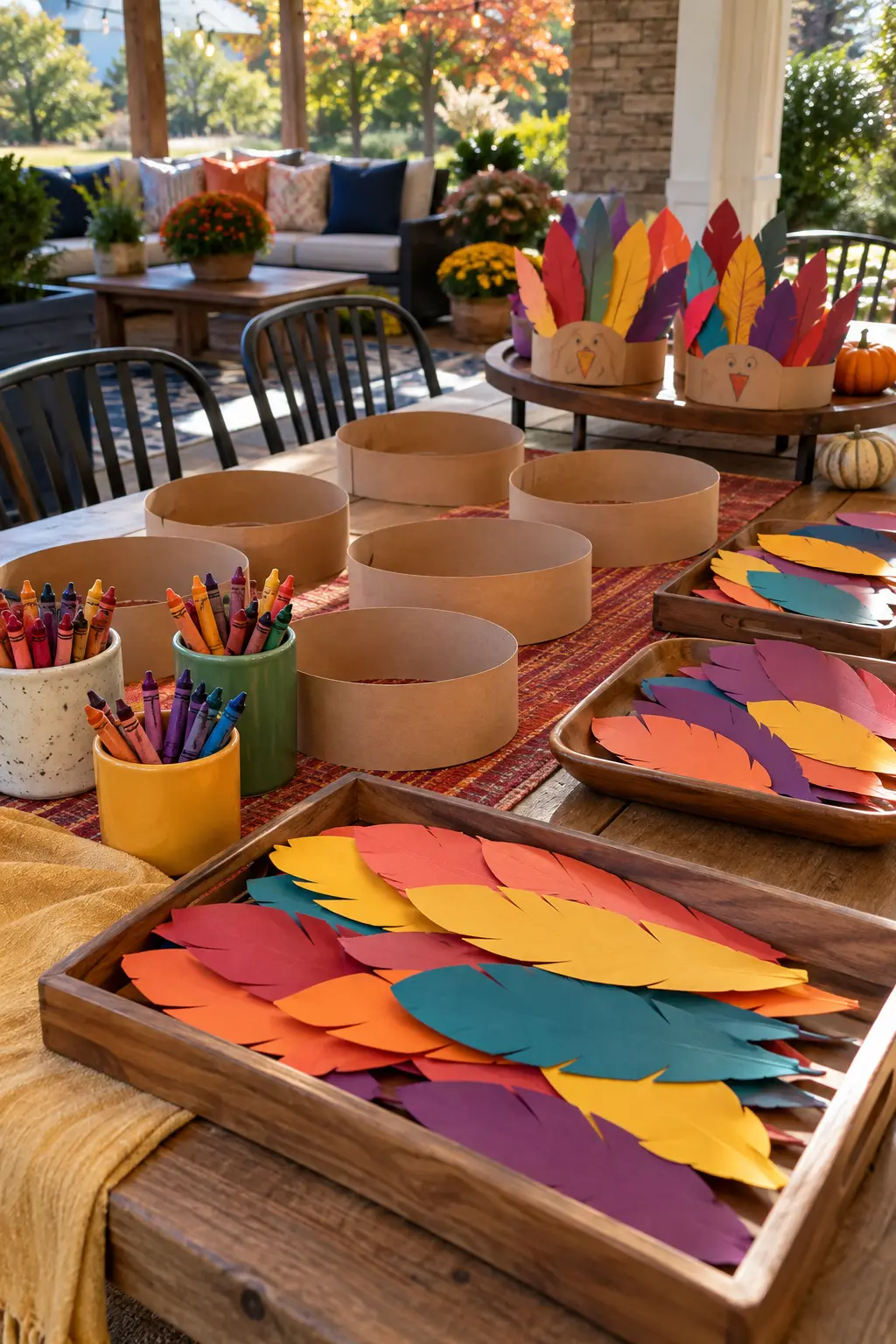 Thanksgiving kids table with broad paper turkey crowns, crayons, and adhesive paper shapes