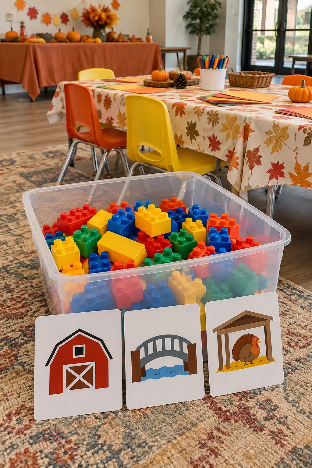 Older toddler Thanksgiving activity with large building blocks and picture challenge cards