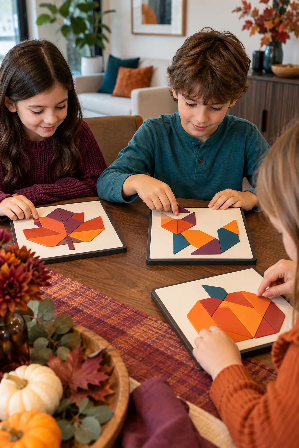 Thanksgiving table setting with compact magnetic tangram boards and fall picture prompts