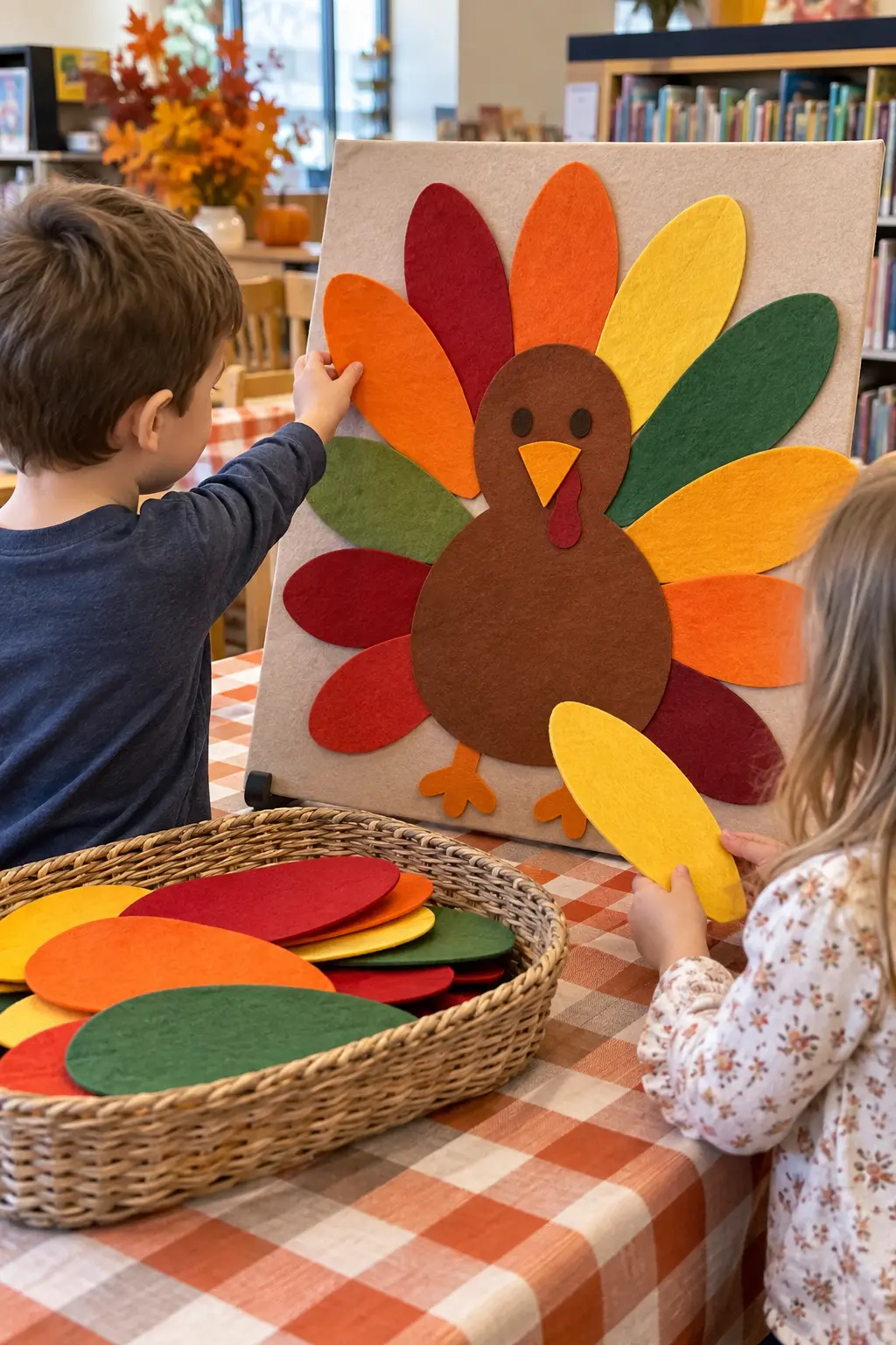 Child-safe felt turkey activity board with large removable feathers at a Thanksgiving table