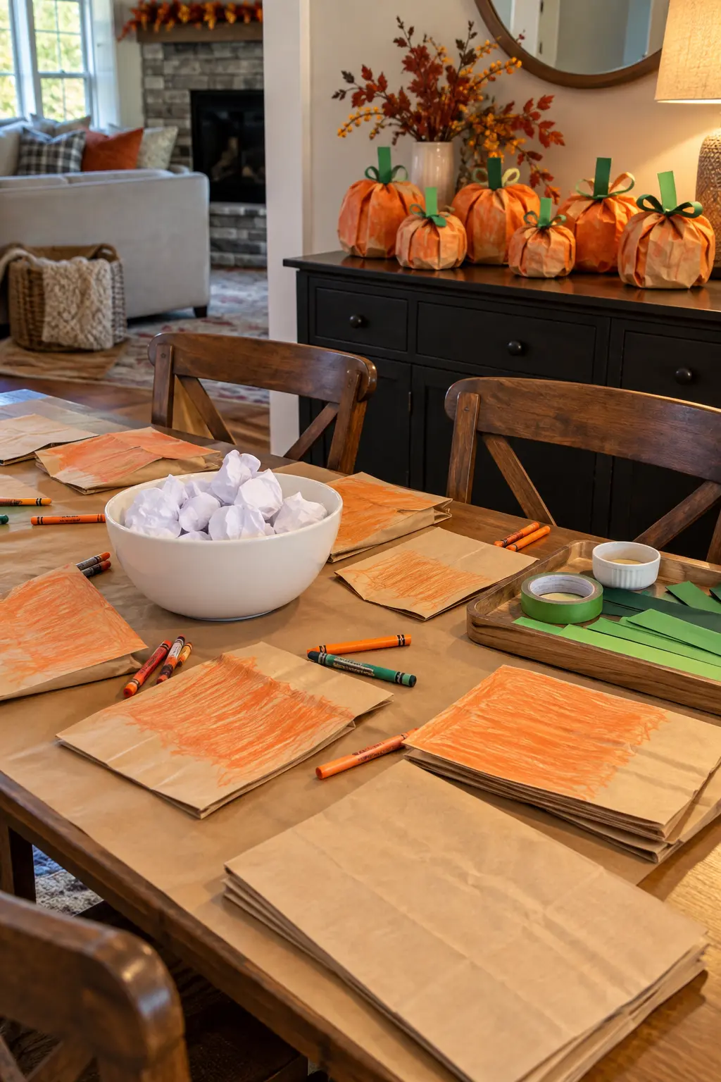 Thanksgiving kids craft table with orange paper-bag pumpkins and child-safe supplies
