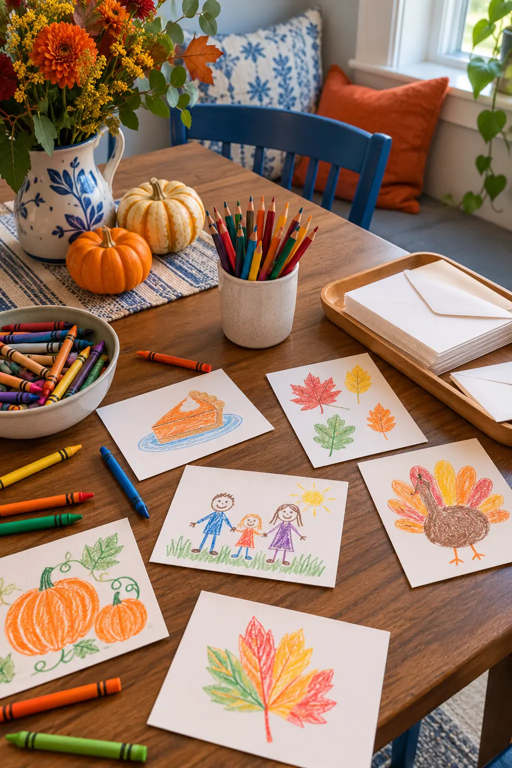 Thanksgiving children's table with blank postcards, crayons, and a finished child drawing