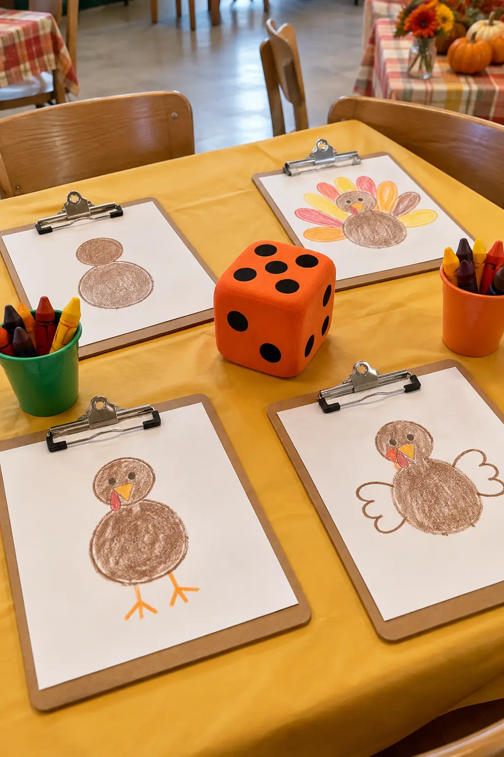 Thanksgiving kids table game with a large foam die and simple turkey drawing boards