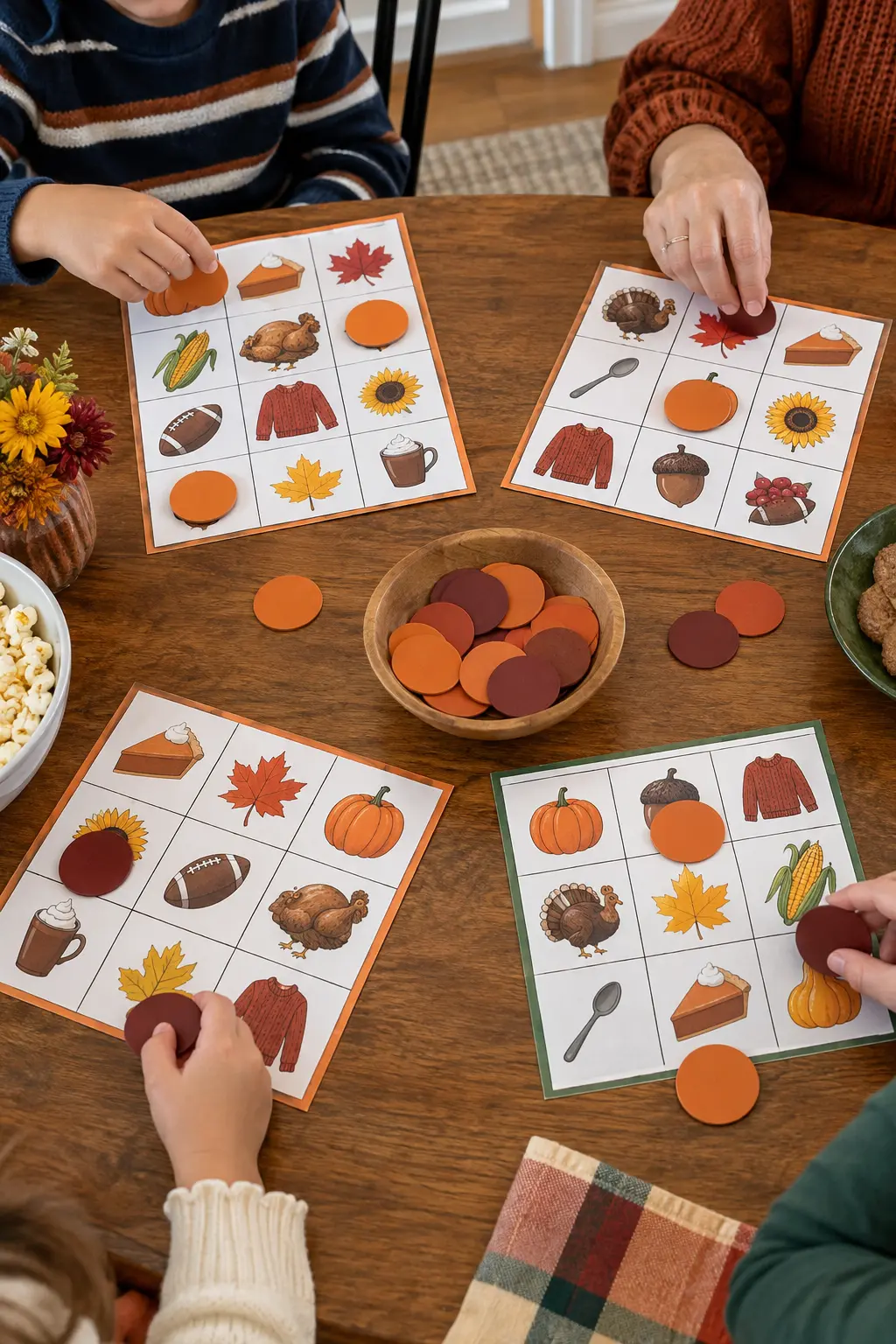 Colorful Thanksgiving picture bingo cards with large markers on a kids table