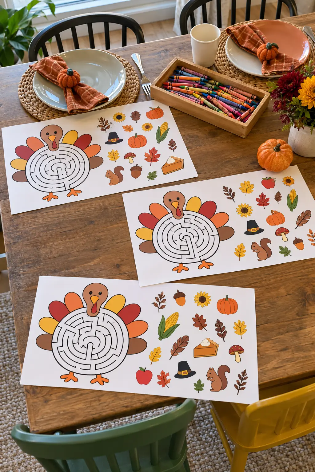 Thanksgiving activity placemat with large maze and picture-search areas beside a child's plate