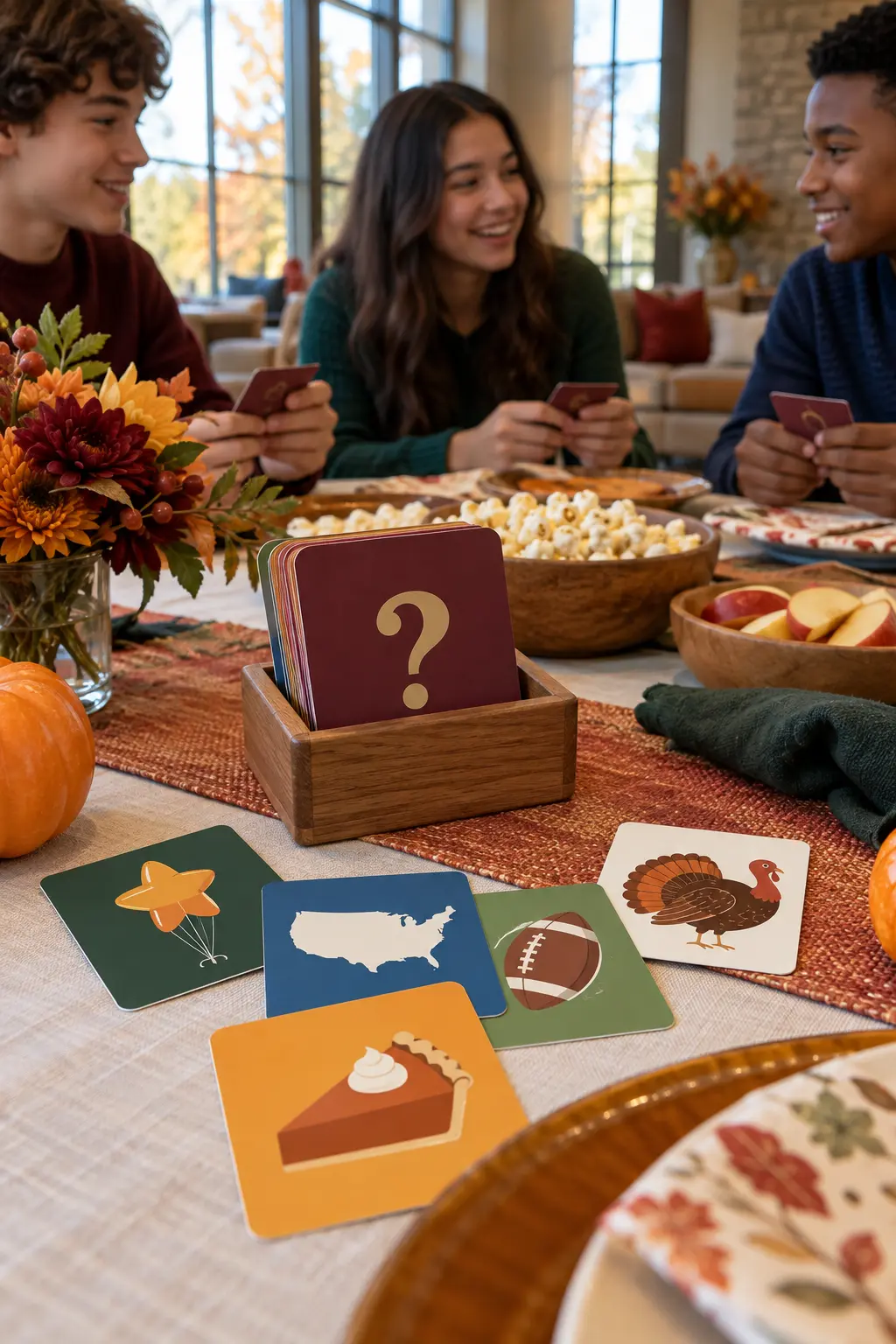 Thanksgiving table for older children with illustrated trivia cards in a small holder