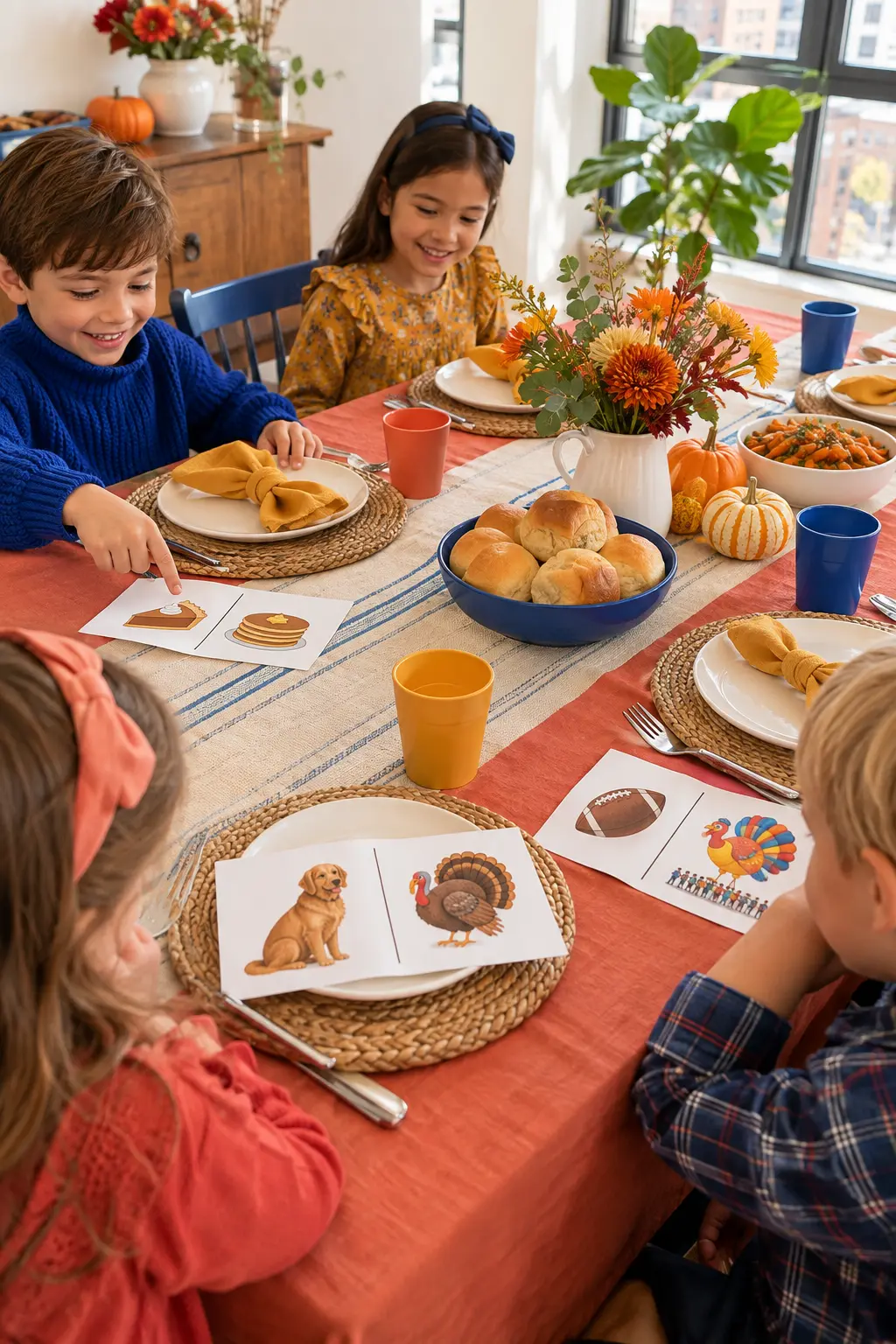 Casual Thanksgiving kids table with colorful would-you-rather prompt cards