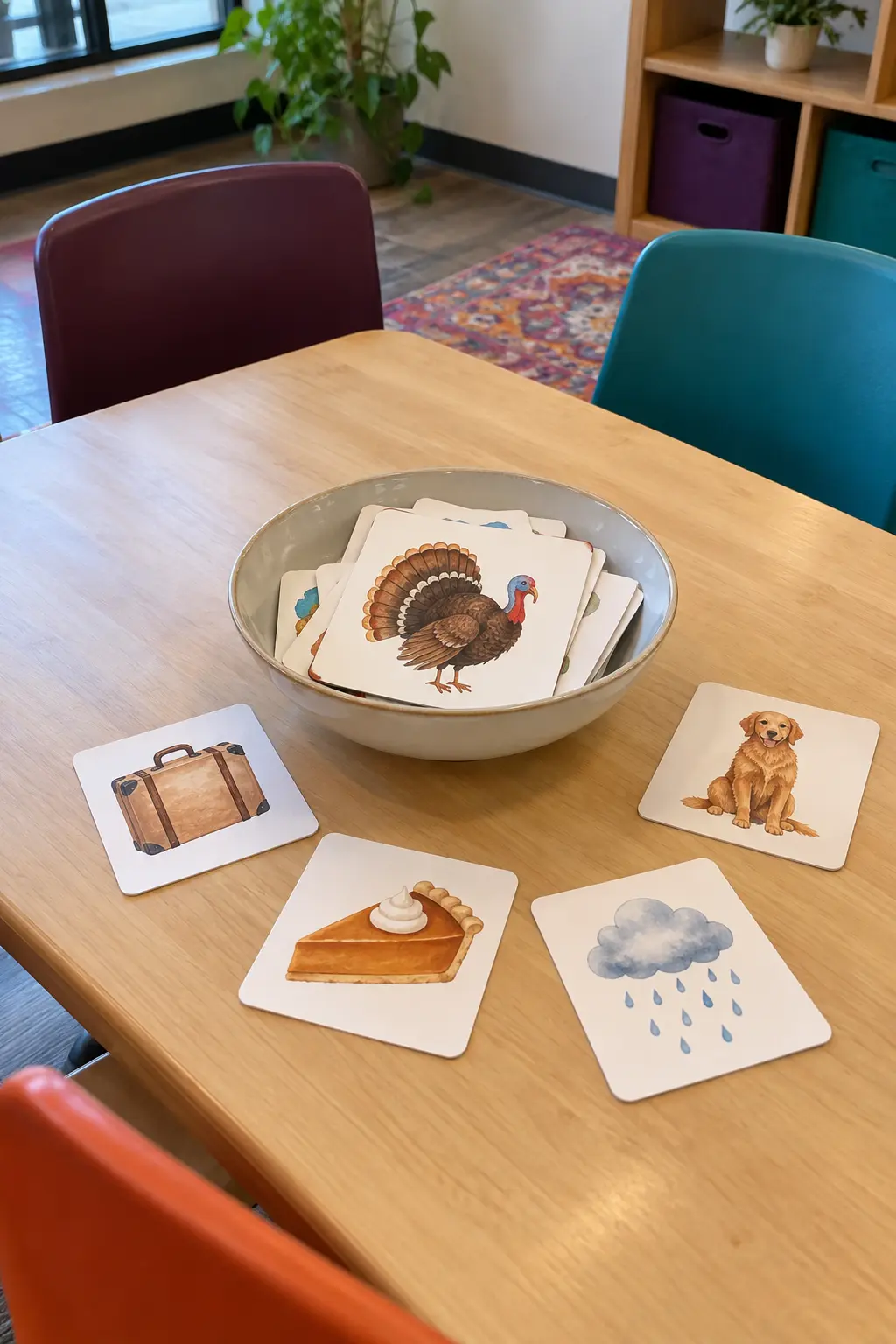 Thanksgiving kids table with large illustrated story prompt cards spread around a low bowl