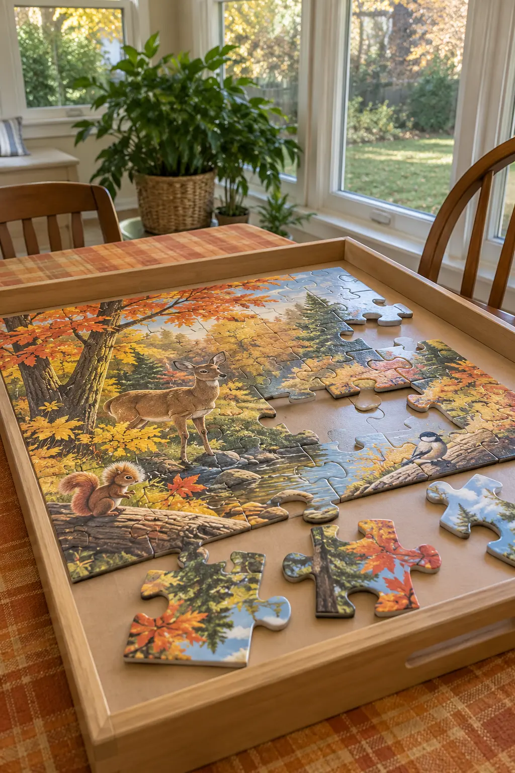Children working around a Thanksgiving table on a large-piece autumn puzzle