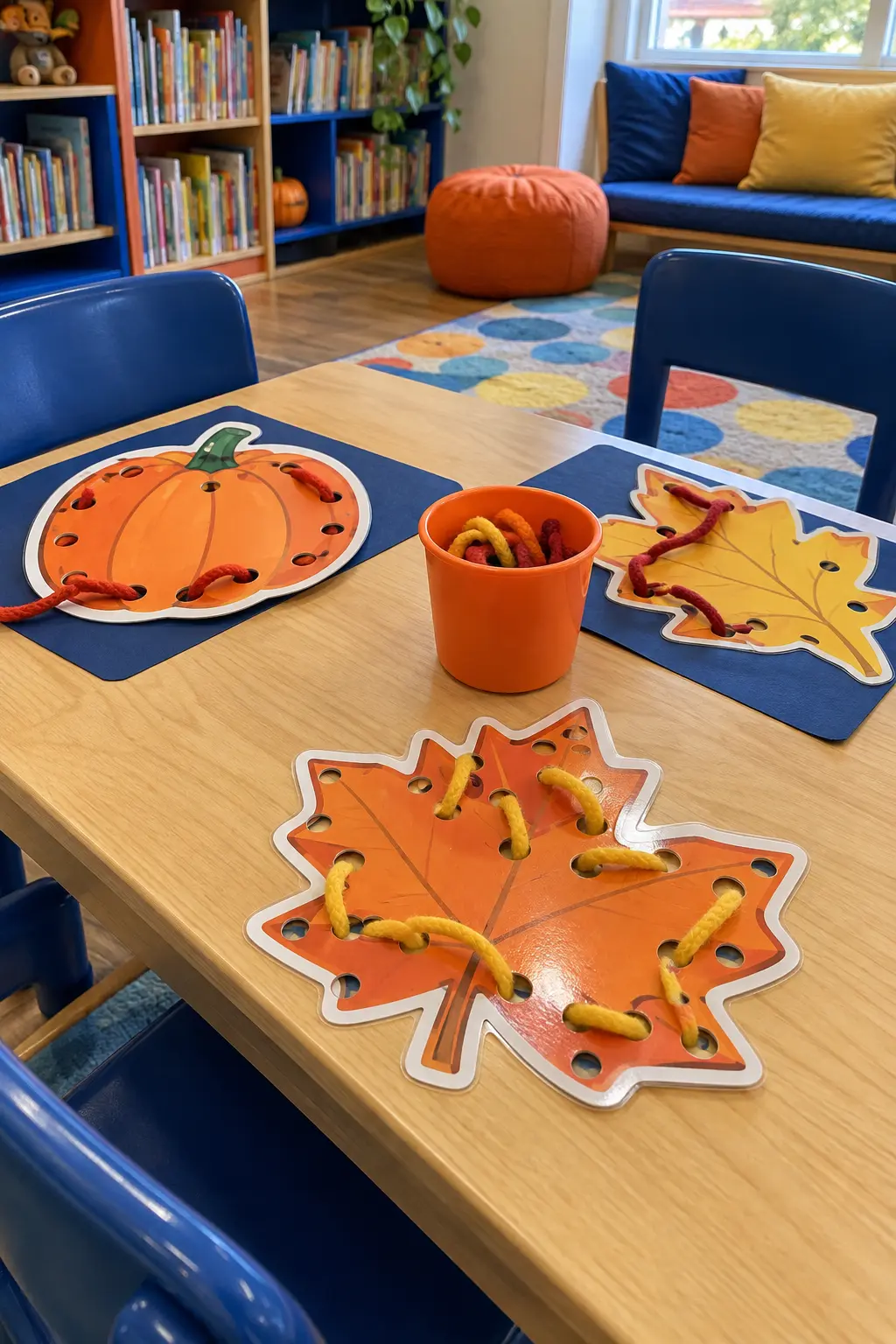 Thanksgiving kids place settings with large leaf-shaped lacing cards and thick cords