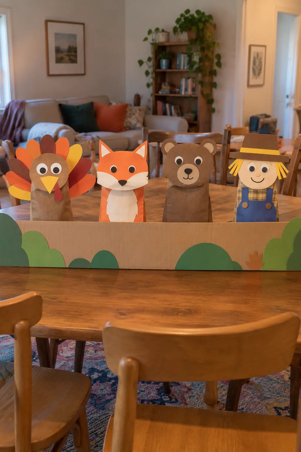 Thanksgiving children's table with simple paper-bag animal puppets ready for a story game