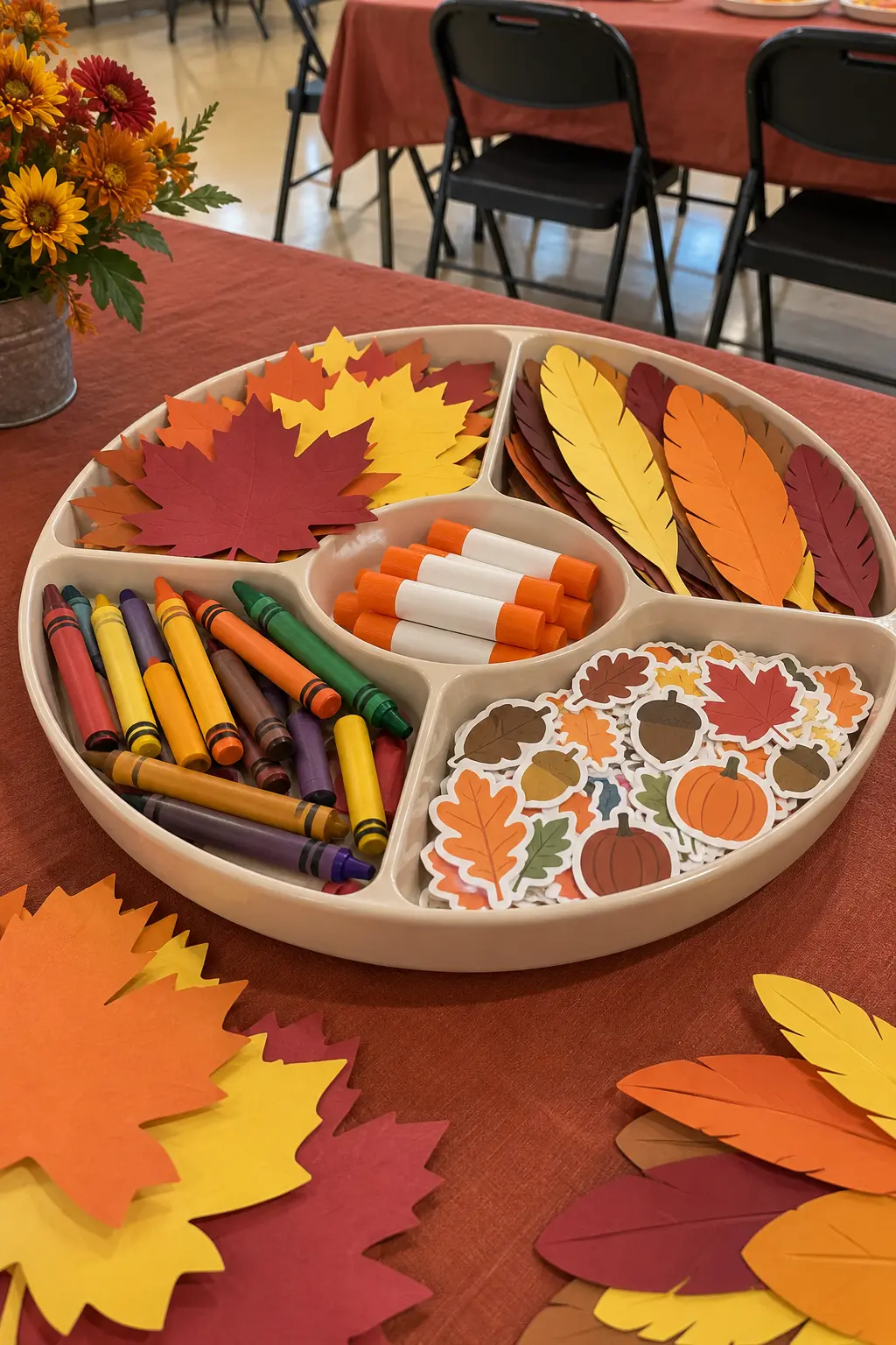 Organized Thanksgiving kids craft tray with paper shapes, crayons, glue sticks, and large stickers