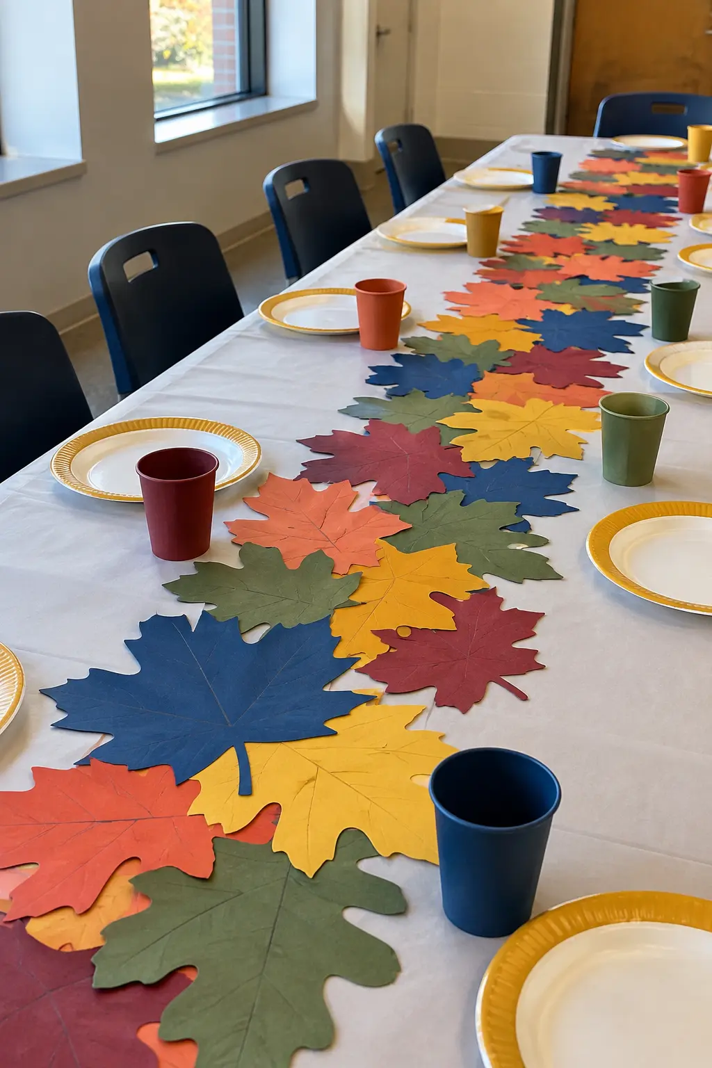Thanksgiving kids table with a flat runner made from oversized colorful paper leaves
