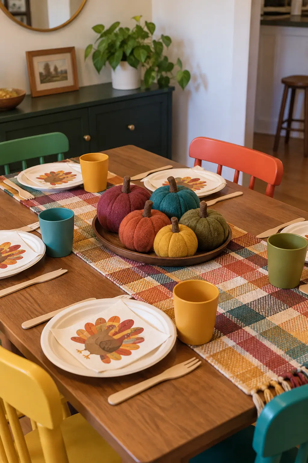 Low centerpiece of soft felt pumpkins on a colorful Thanksgiving kids table