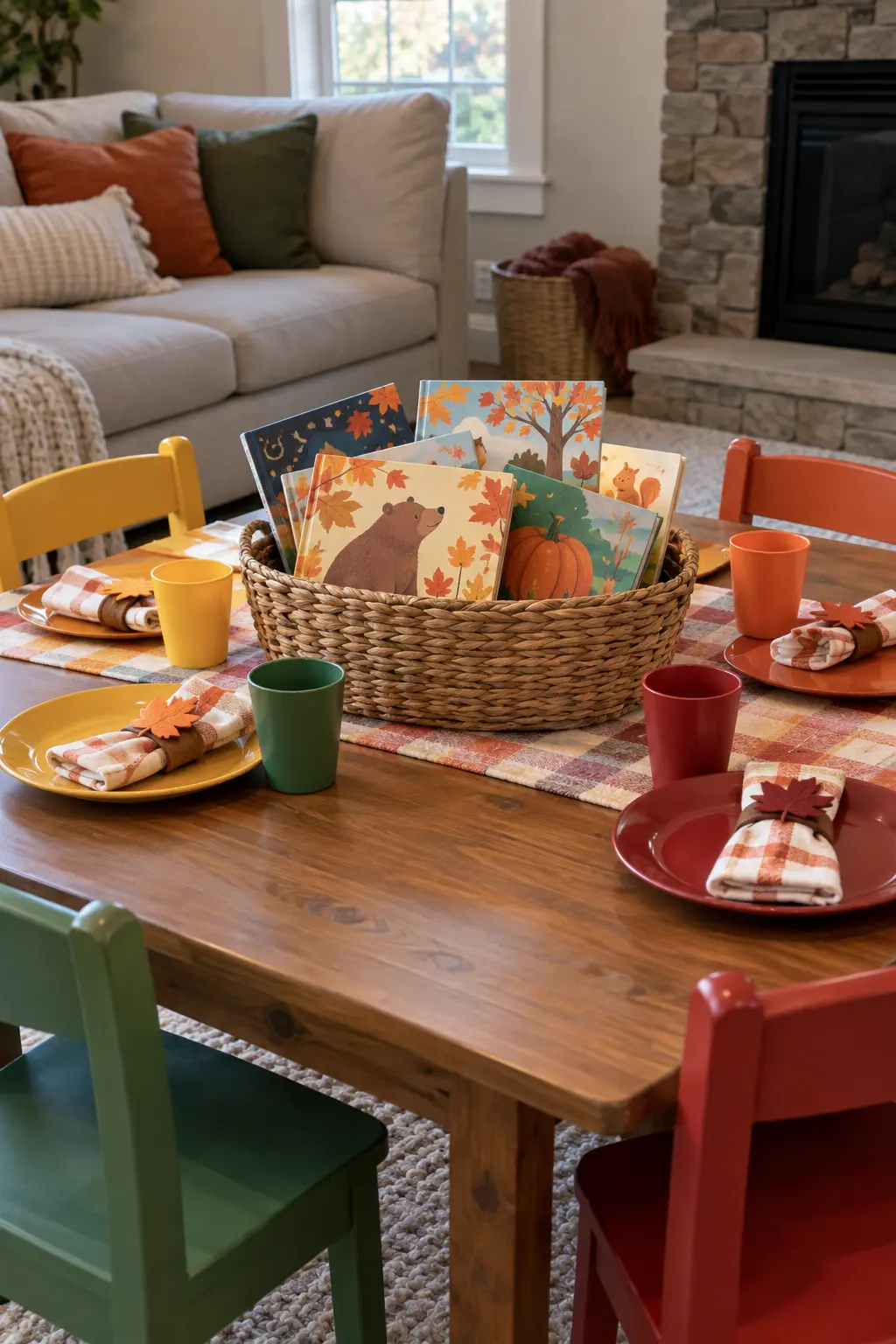 Thanksgiving kids table centerpiece made from a low basket of fall picture books