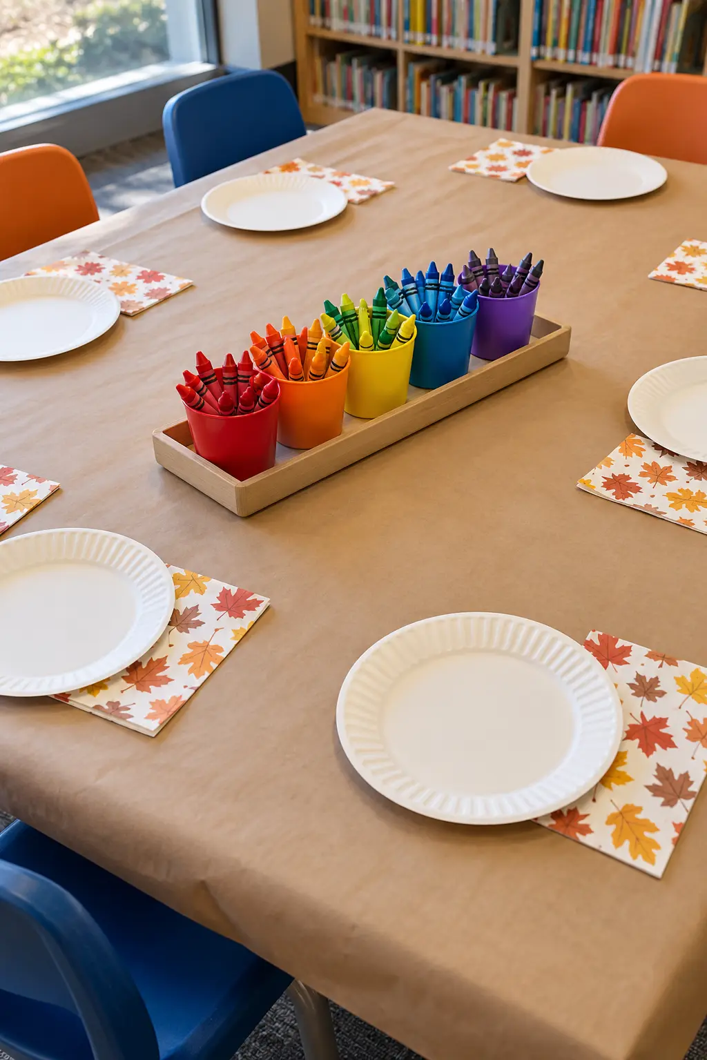 Thanksgiving children's table with stable colorful crayon cups arranged as a low centerpiece