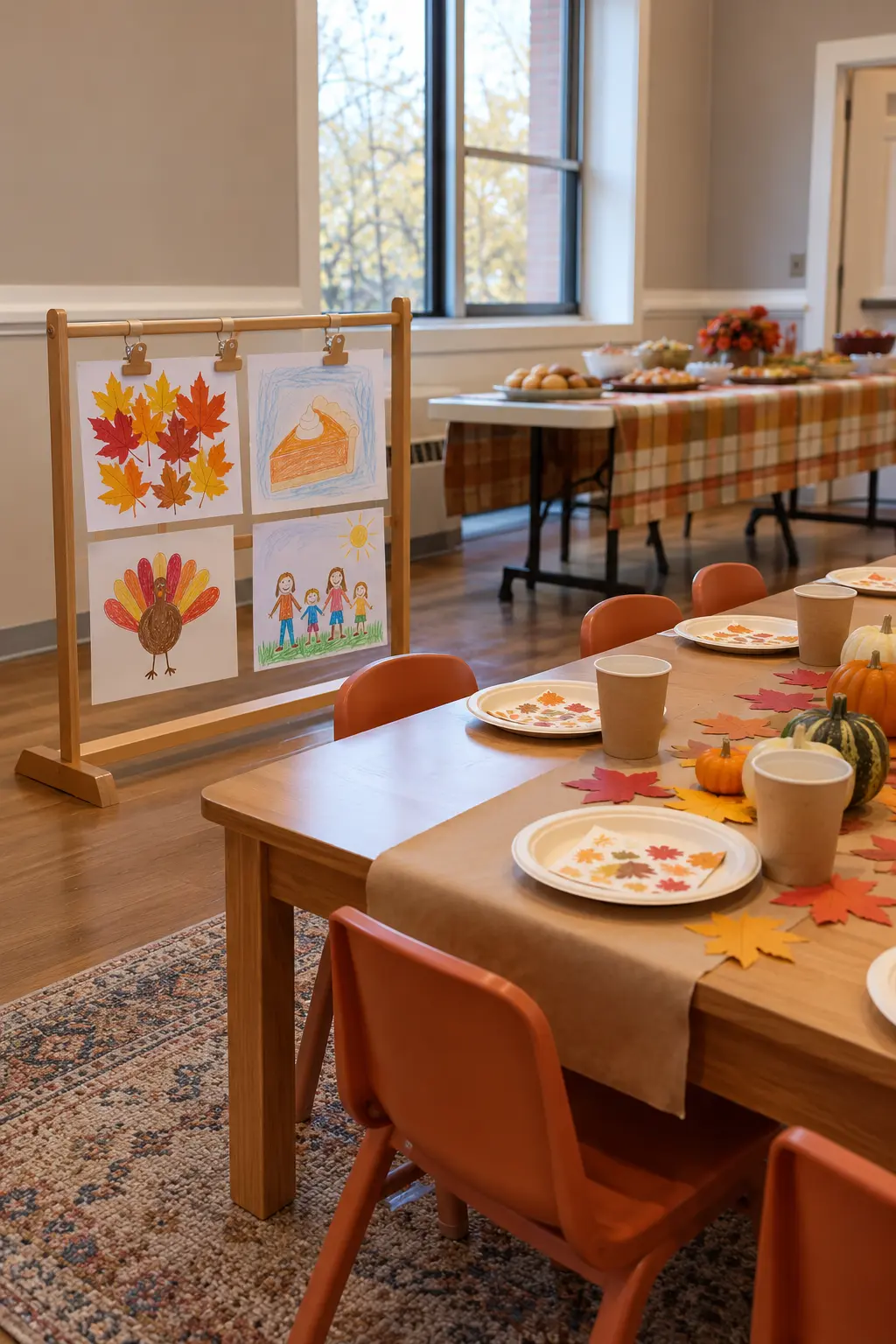 Thanksgiving kids table with a low tabletop display of children's fall artwork