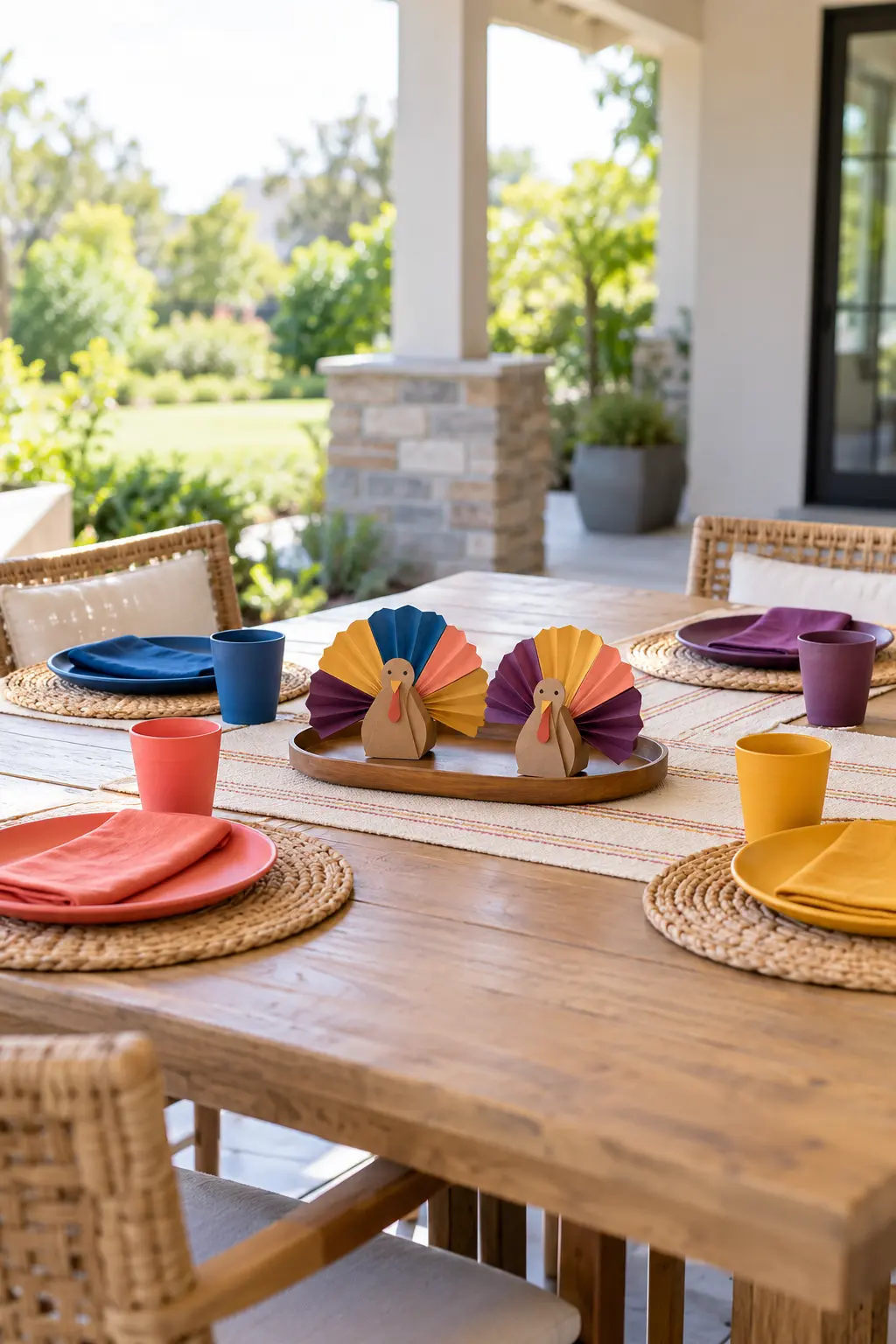 Low Thanksgiving centerpiece of bright paper-fan turkeys with broad cardboard bases