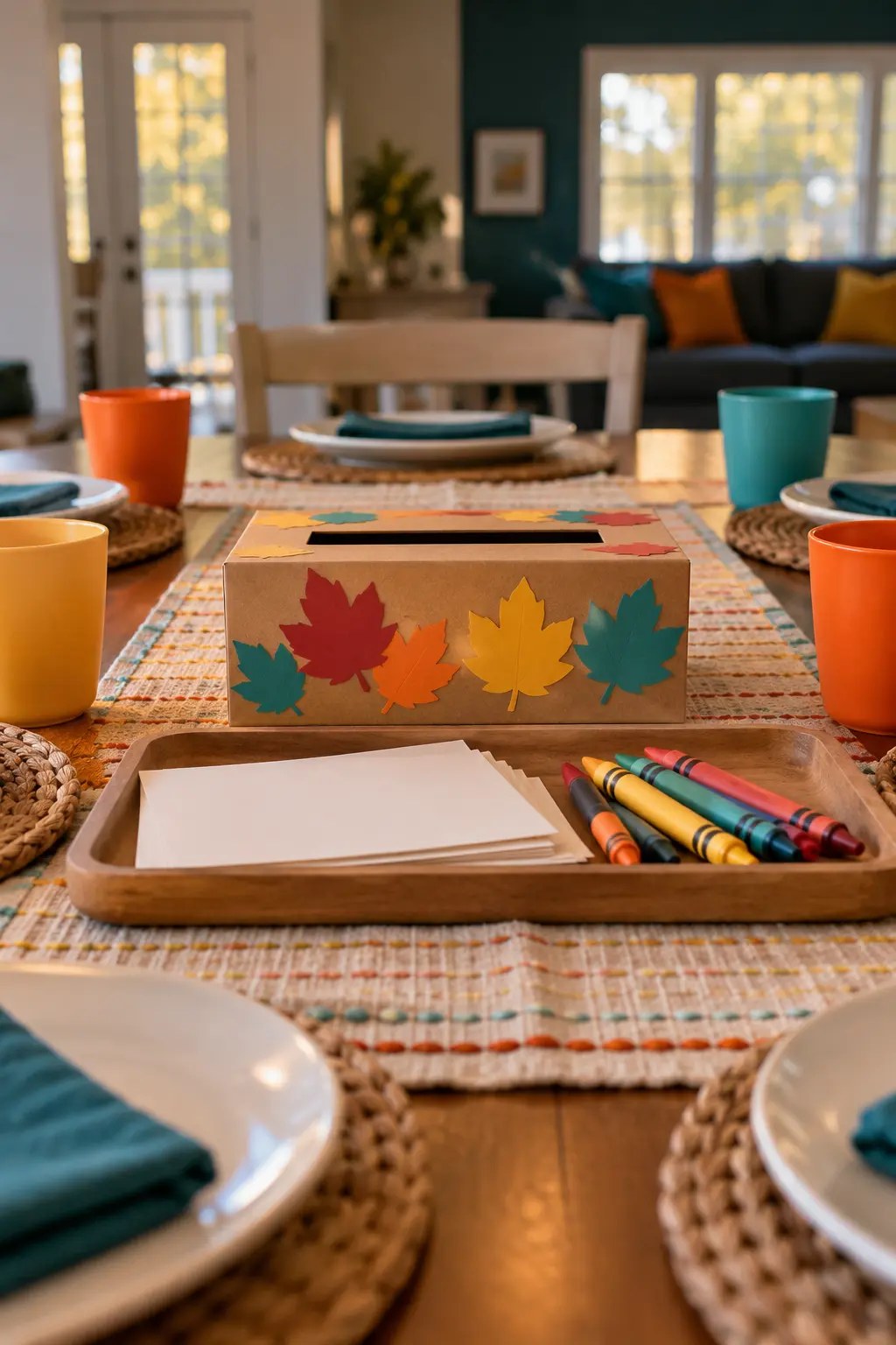 Decorated cardboard gratitude mailbox centered on a Thanksgiving kids table