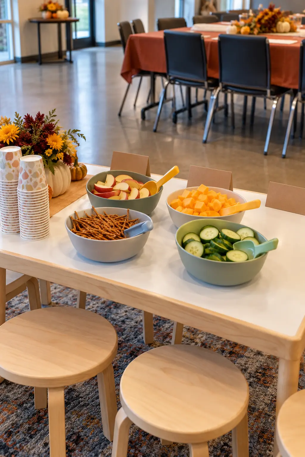 Thanksgiving kids snack station with small paper cups and separate simple snack choices