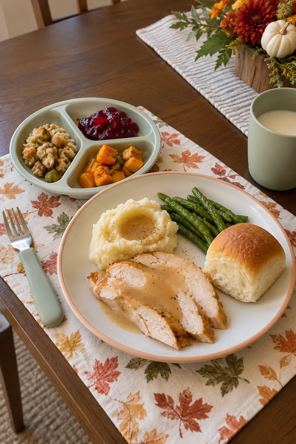 Small Thanksgiving sampler plate with three separated tastes beside familiar food