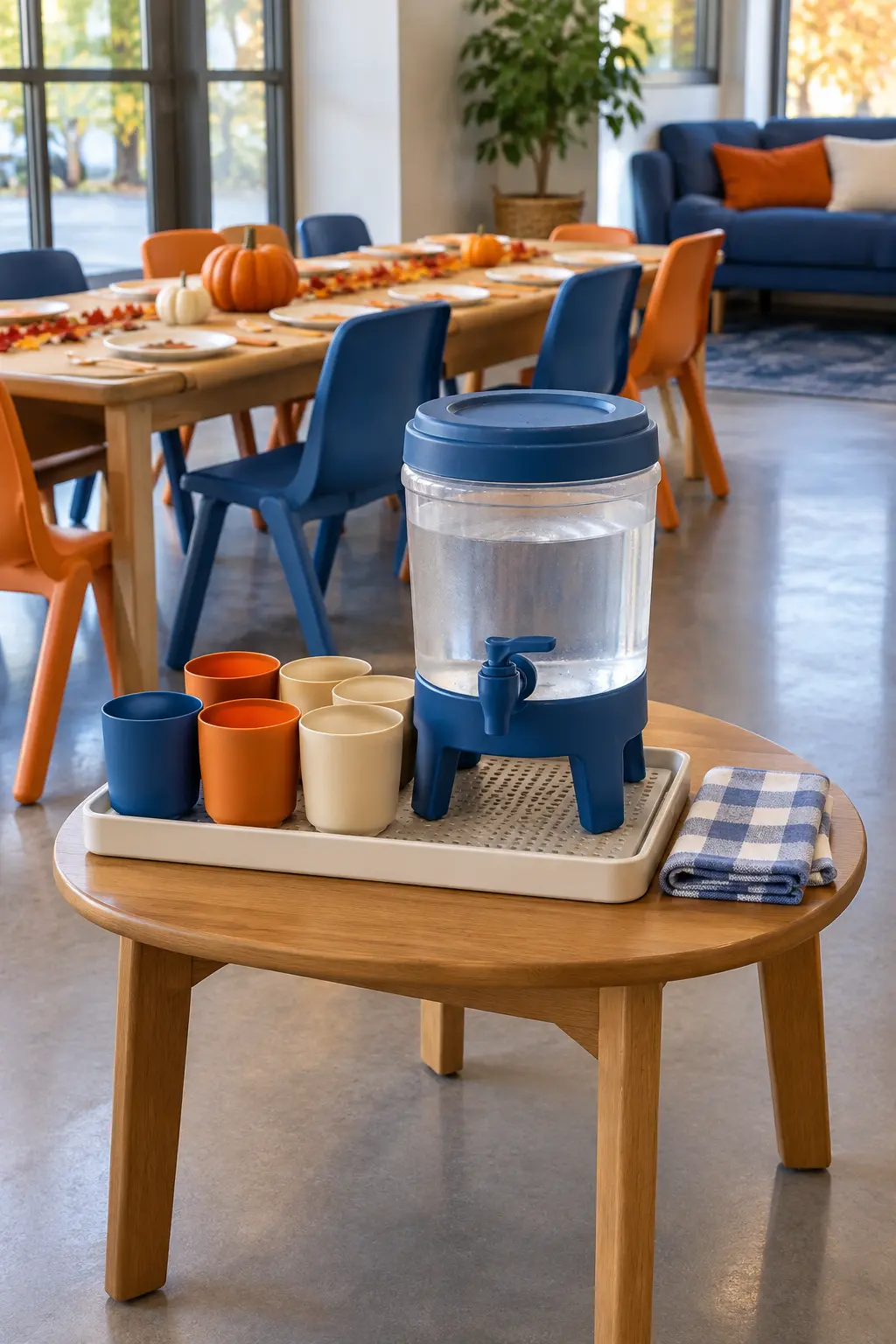 Low Thanksgiving drink station with small water dispenser, stable cups, and absorbent tray