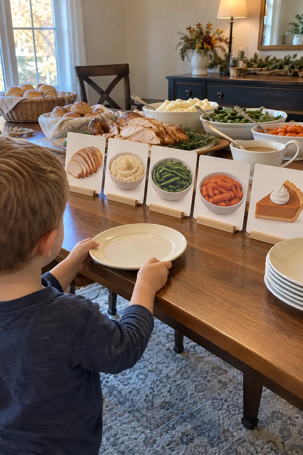 Simple illustrated Thanksgiving menu cards showing turkey, potatoes, vegetables, and pie
