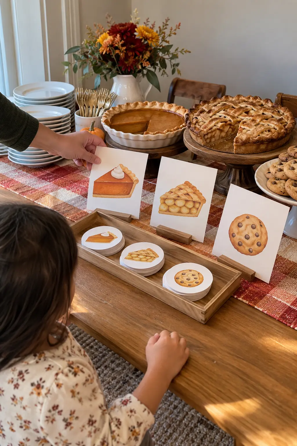 Thanksgiving dessert station with large illustrated pie-choice cards for children