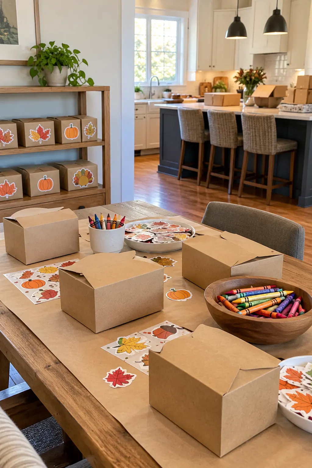 Thanksgiving kids activity station with plain paper leftover boxes and large decorative stickers