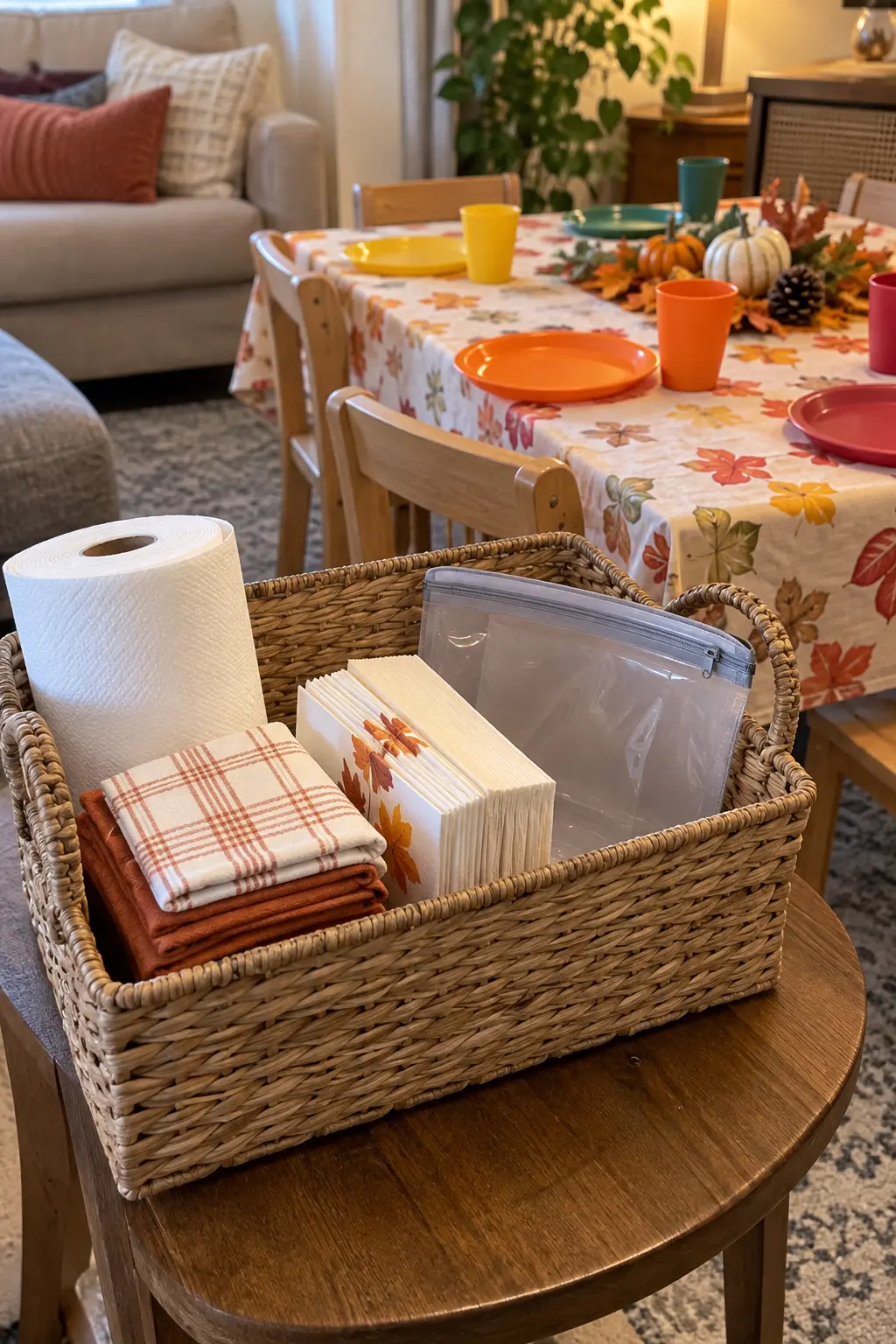 Thanksgiving hosting cleanup basket with cloths, paper towels, and spare napkins near a kids table