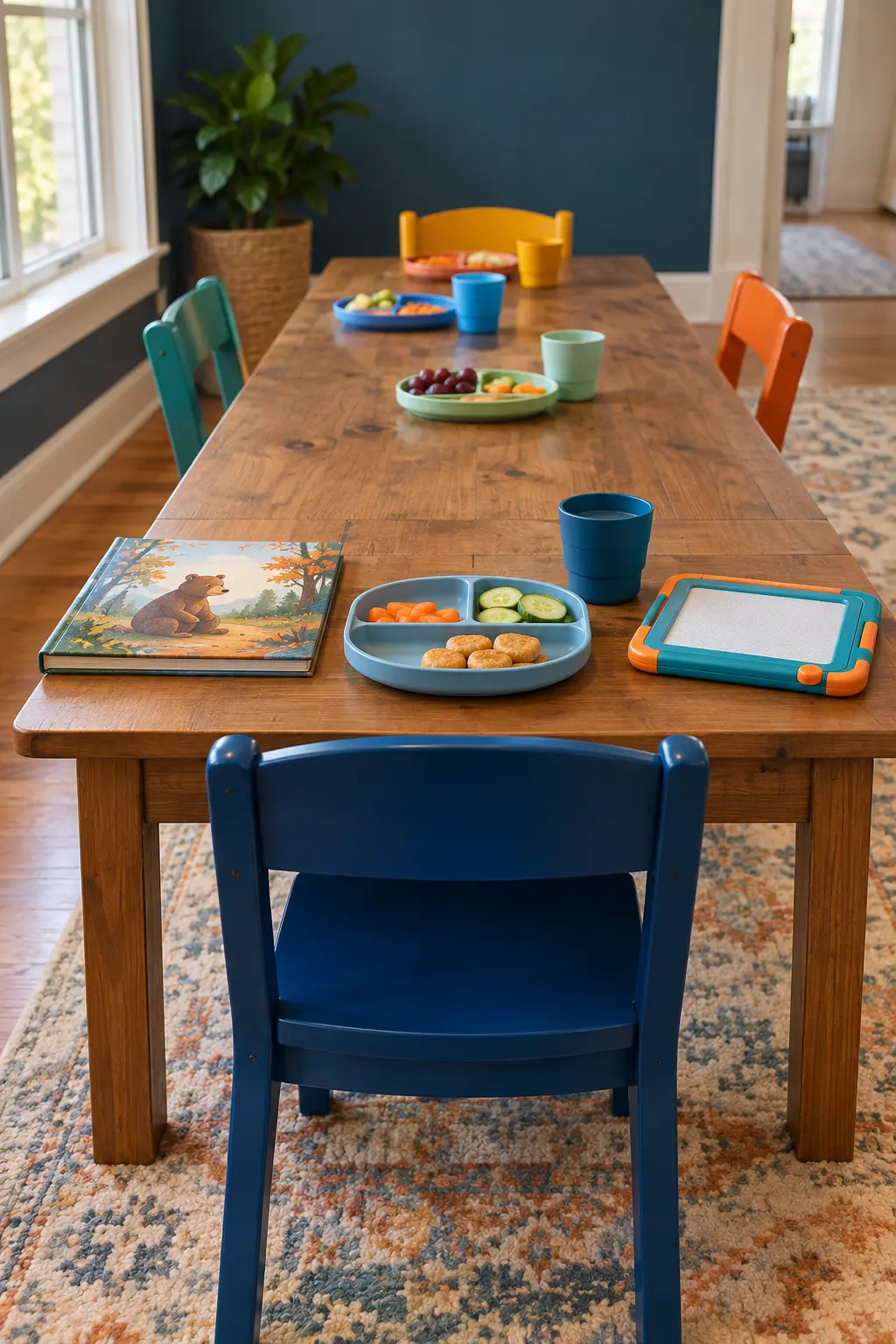 Calm end seat at a Thanksgiving kids table with a picture book and simple place setting