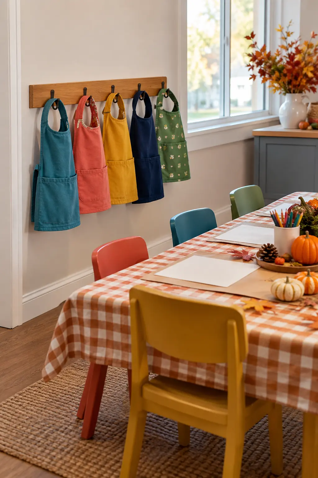 Small rack of colorful washable aprons and bibs beside a Thanksgiving kids table