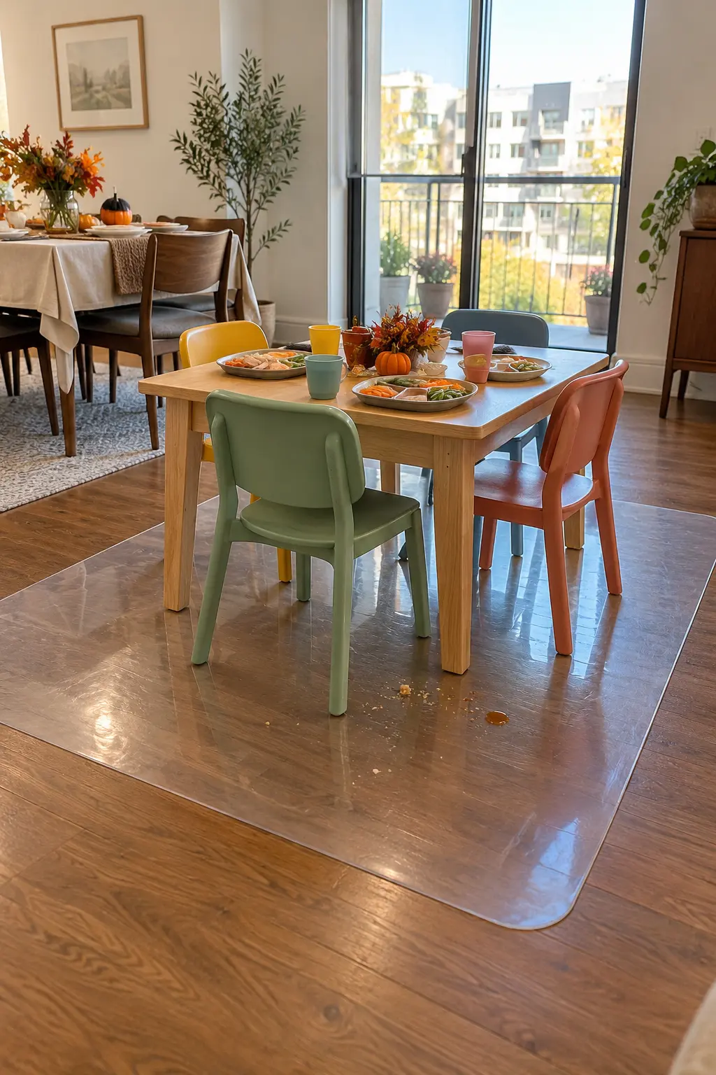 Thanksgiving kids table placed over a flat wipe-clean floor mat
