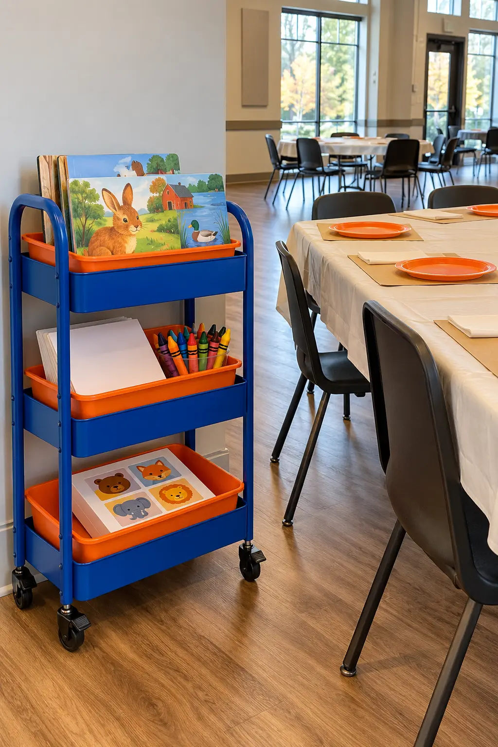 Compact rolling activity cart beside a cleared Thanksgiving children's table