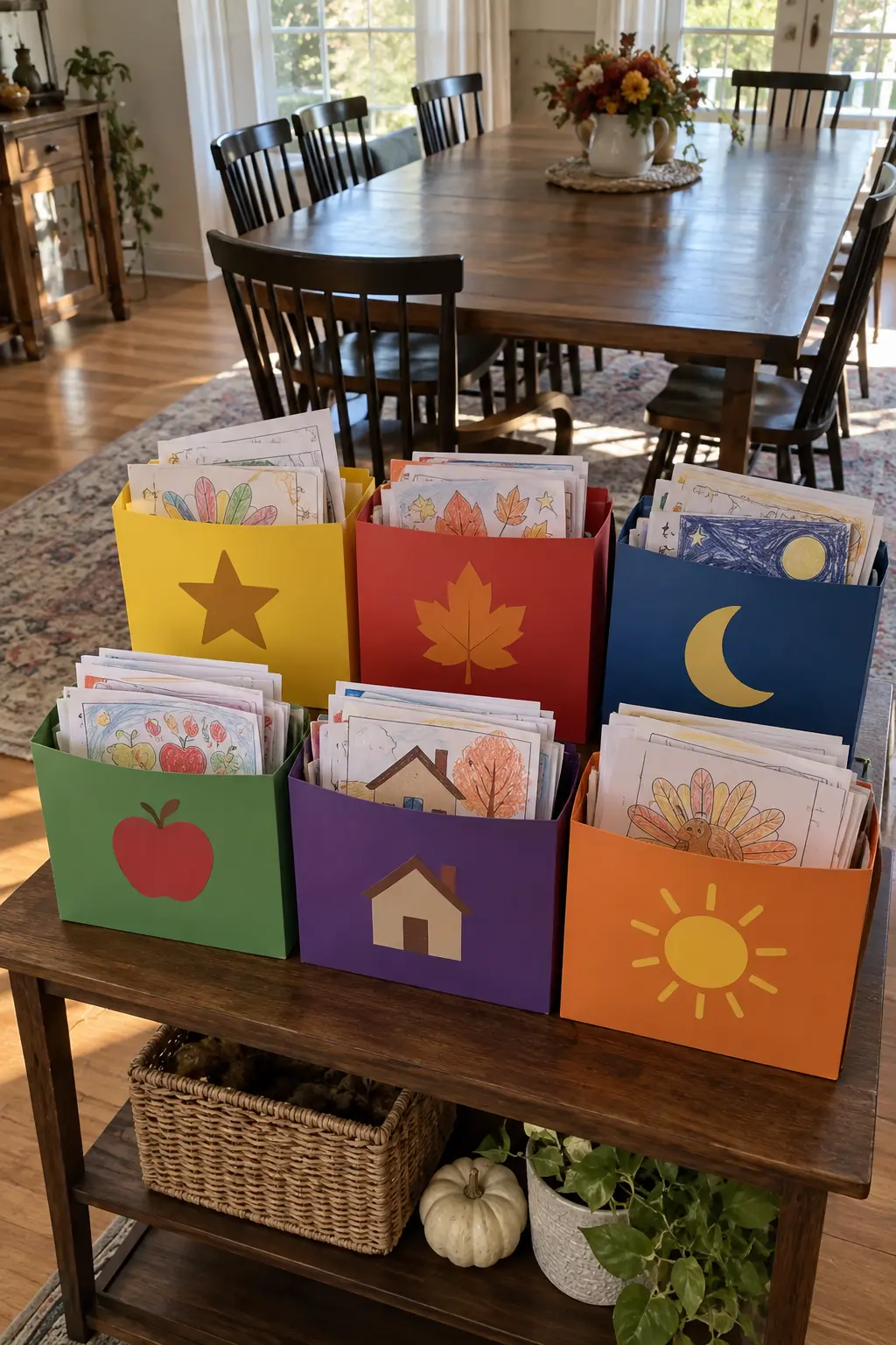 Colorful paper folders holding children's finished Thanksgiving crafts after dinner