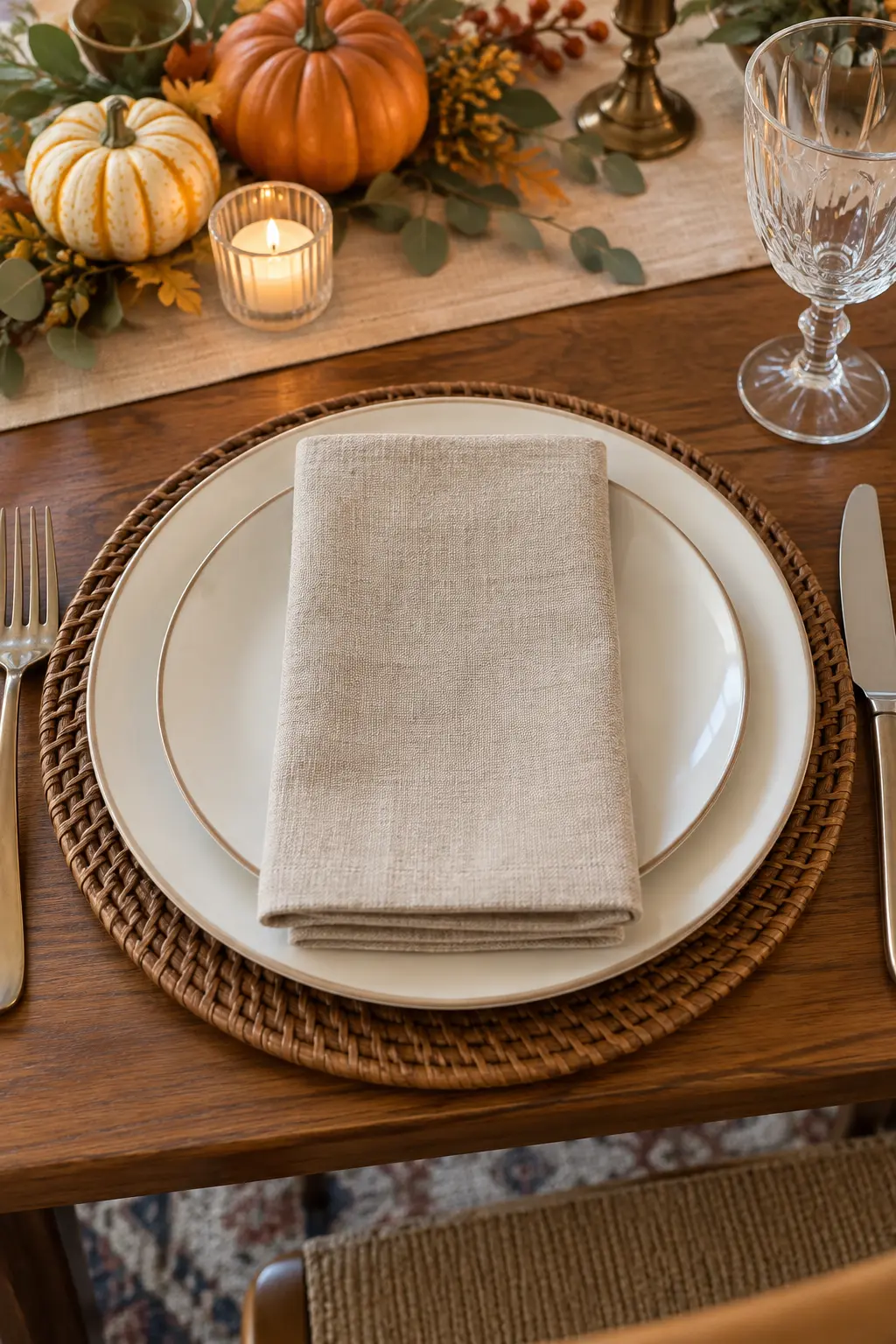 A neatly folded warm oatmeal linen napkin centered on a Thanksgiving dinner plate