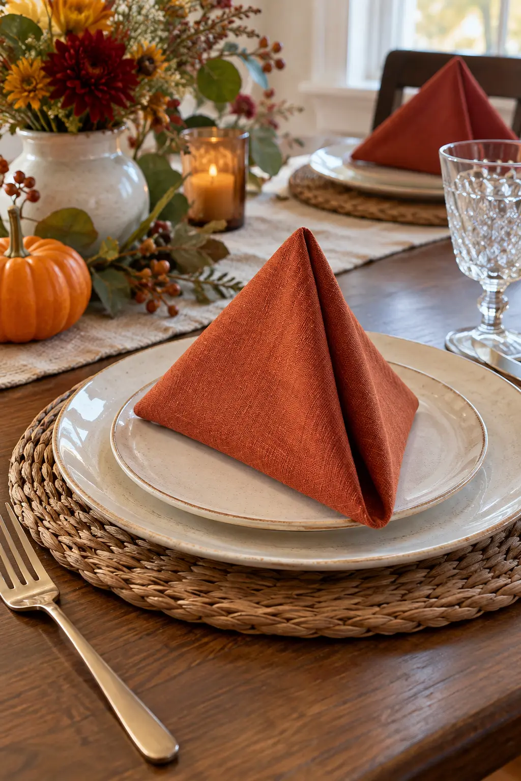 A freestanding rust-colored triangular napkin tent on a Thanksgiving place setting