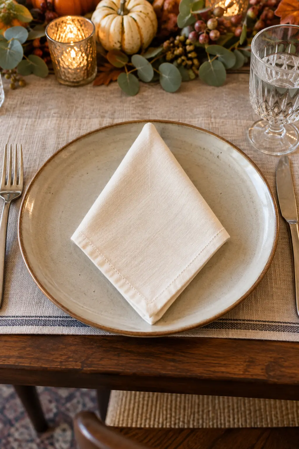 A flat diamond-point folded cream napkin on a stoneware Thanksgiving plate