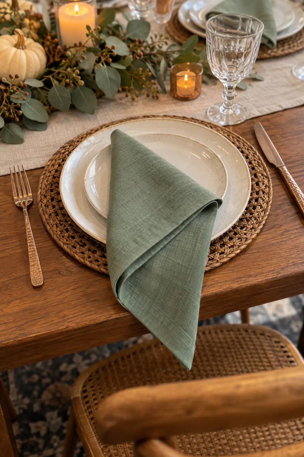 A sage green napkin folded diagonally and draped over the edge of a Thanksgiving plate