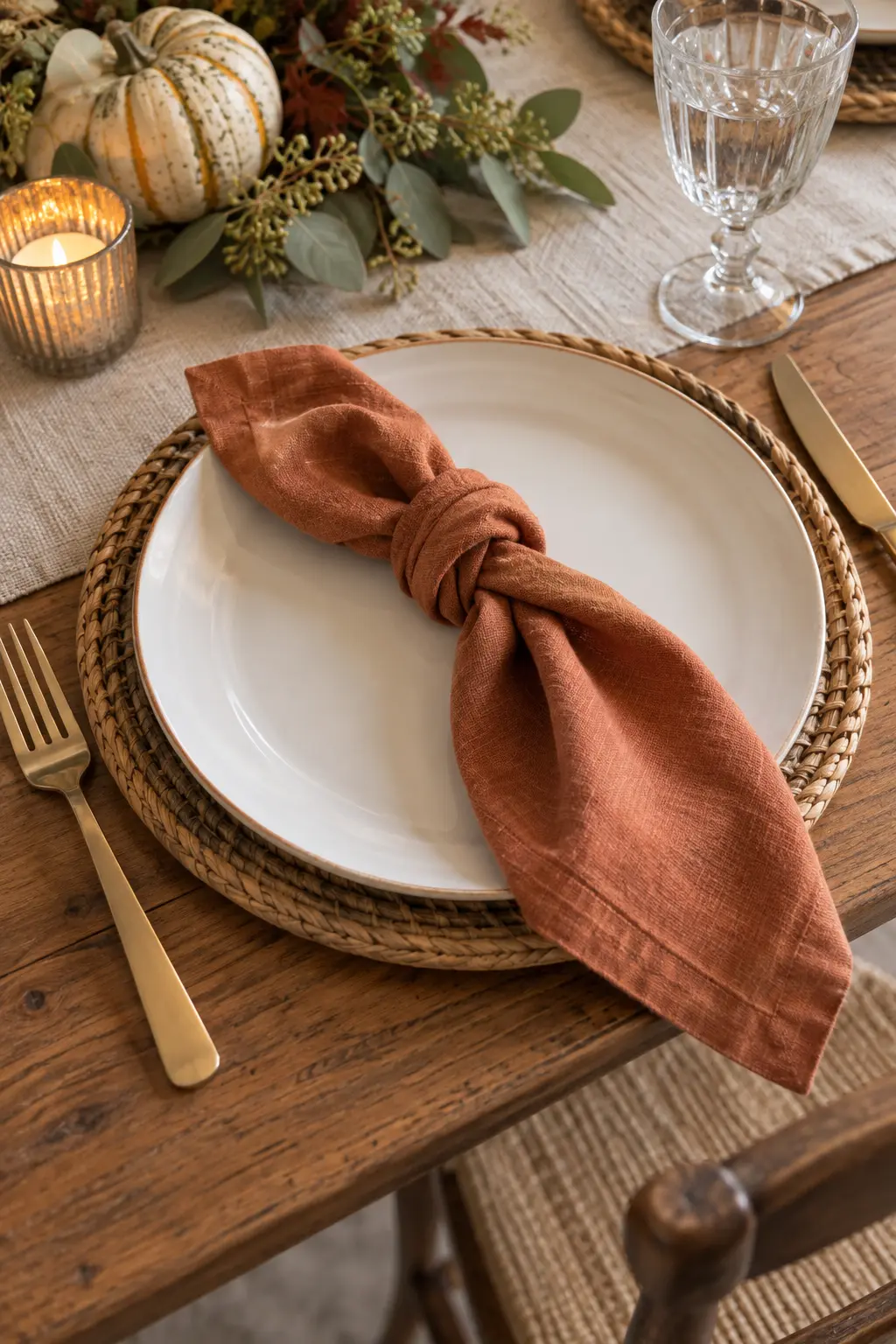 A softly knotted terracotta linen napkin resting across a white Thanksgiving plate