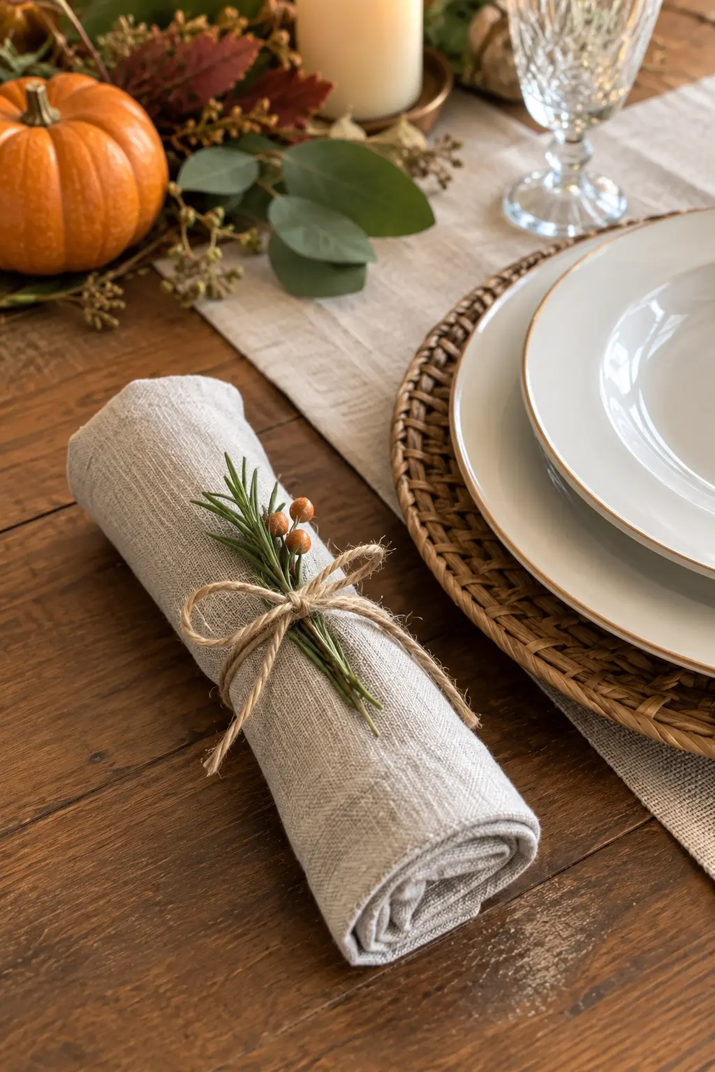 A rolled flax napkin tied with natural twine beside a Thanksgiving dinner plate
