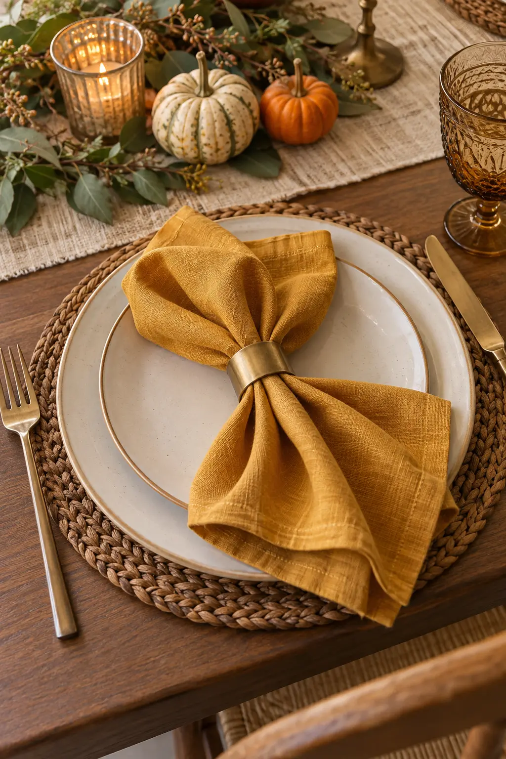 A gathered mustard napkin pulled through a simple brass ring with fanned ends