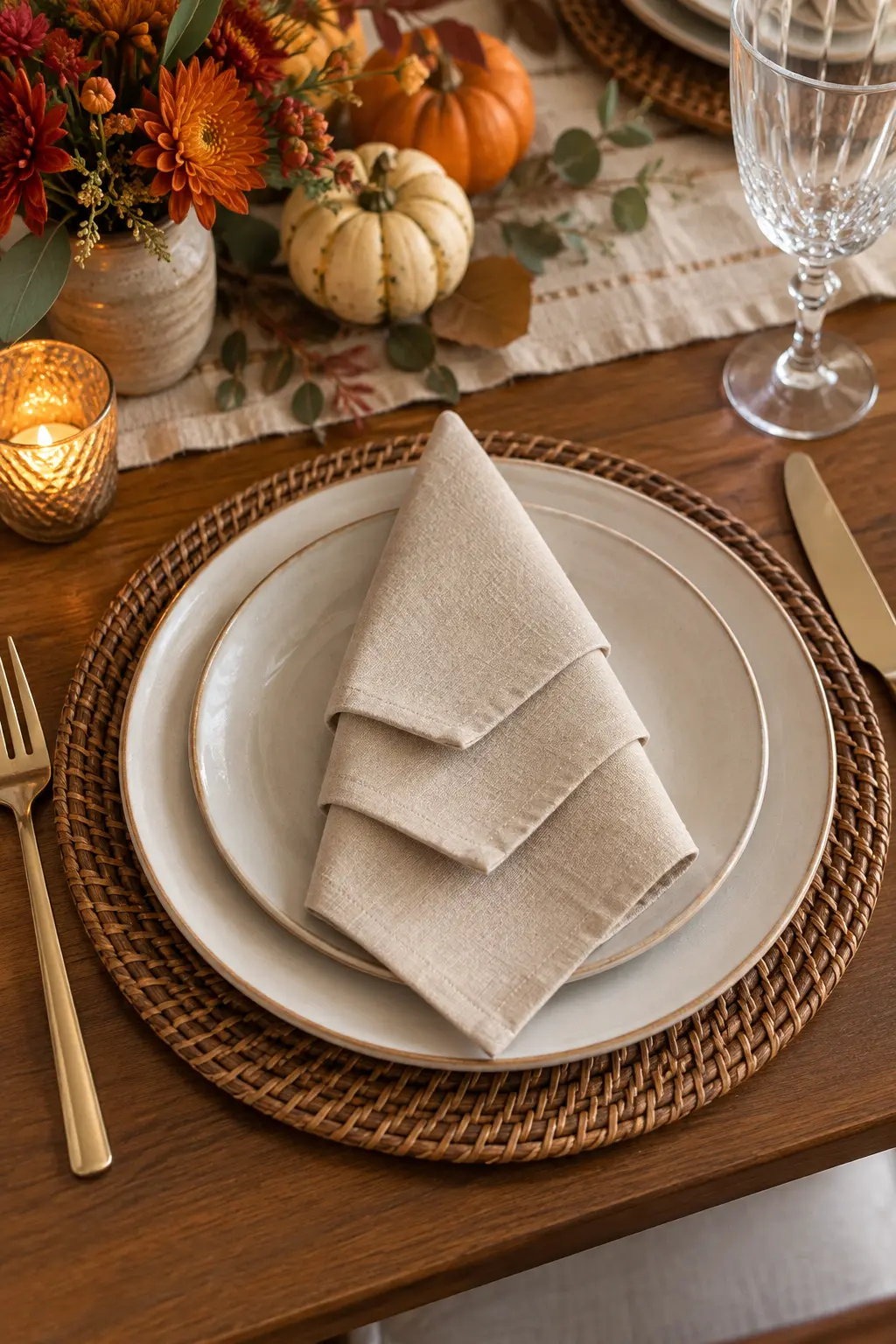 A beige napkin with three cascading folded edges on a Thanksgiving plate
