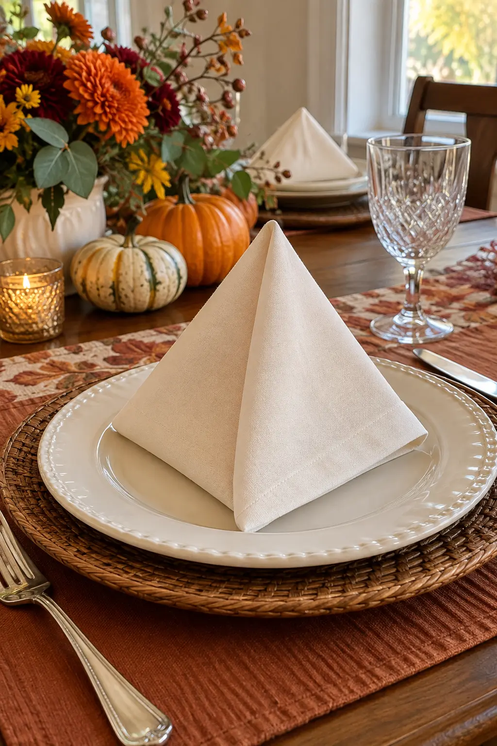 A compact ivory pyramid napkin standing on an autumn Thanksgiving table