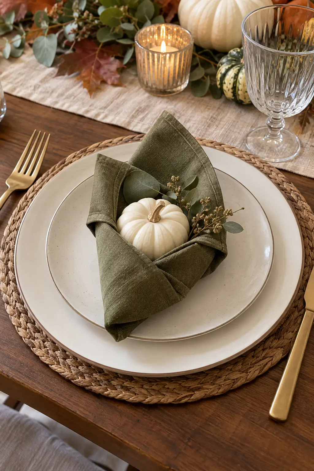 A folded olive napkin holding a tiny white pumpkin on a Thanksgiving plate