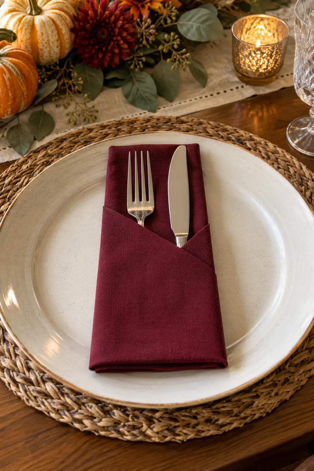 A straight pocket-folded burgundy napkin holding a fork and knife