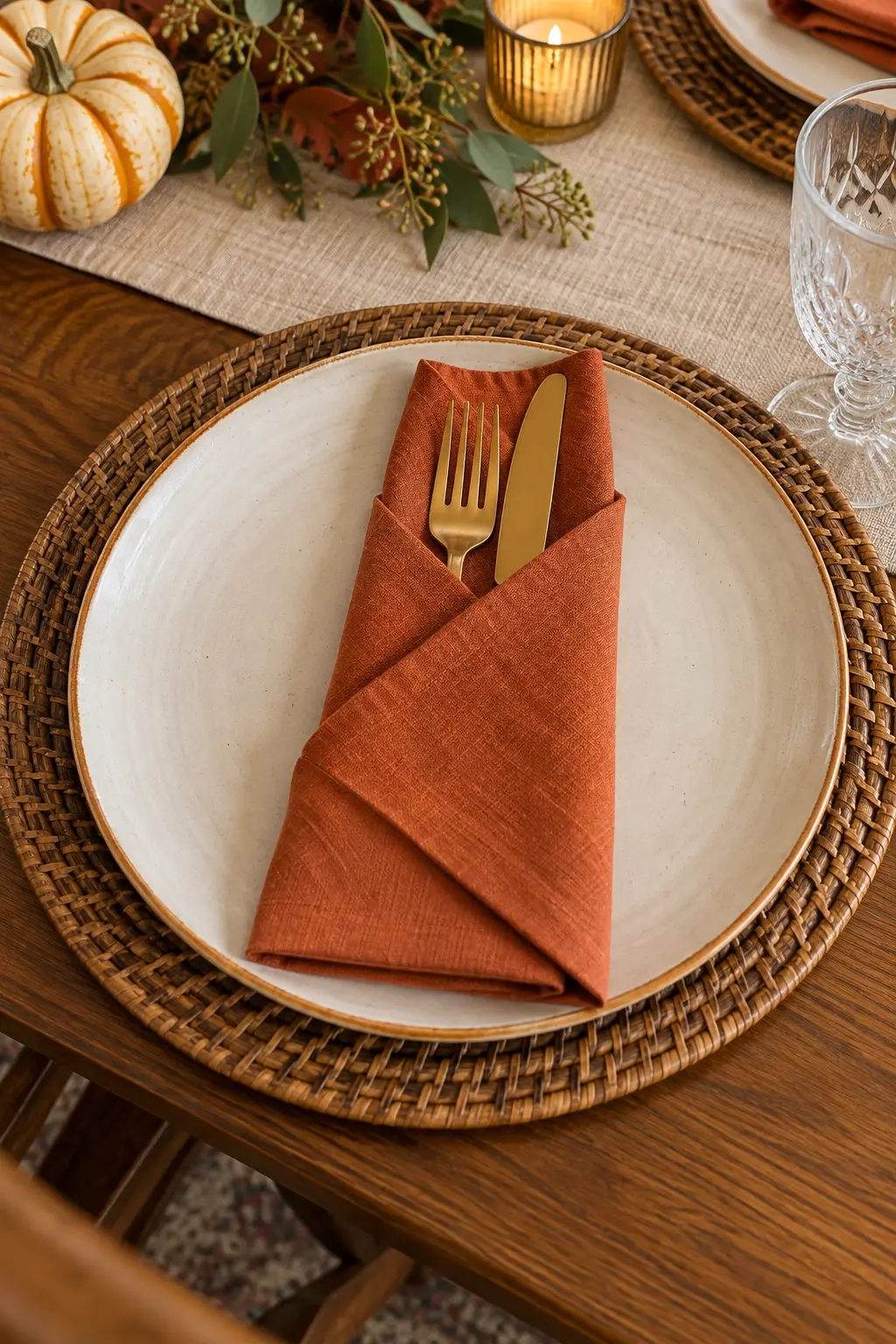 A diagonal pocket folded from a copper linen napkin with brass flatware
