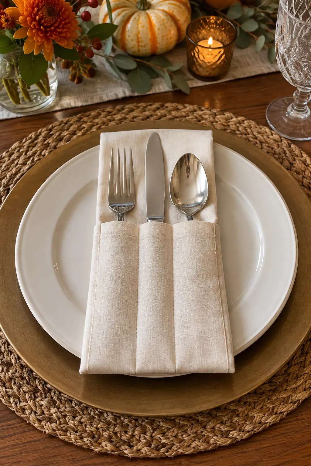 A triple-pocket cream napkin holding fork knife and spoon separately