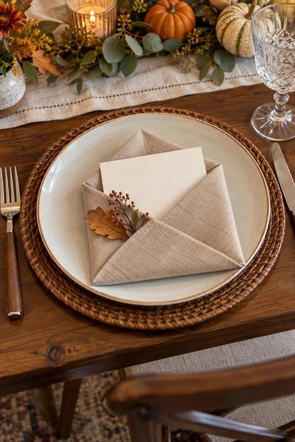 An envelope-folded tan napkin holding a blank gratitude card at Thanksgiving